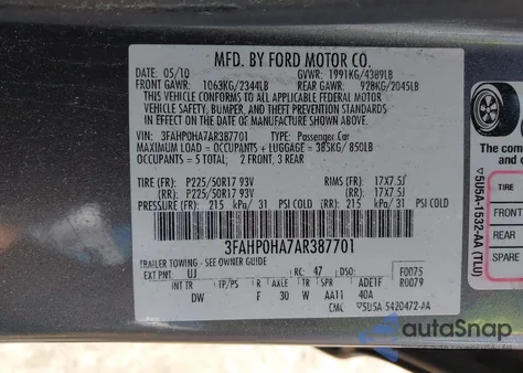 2010 Ford Fusion Se из США, поврежденный, VIN 3FAHP0HA7AR387701